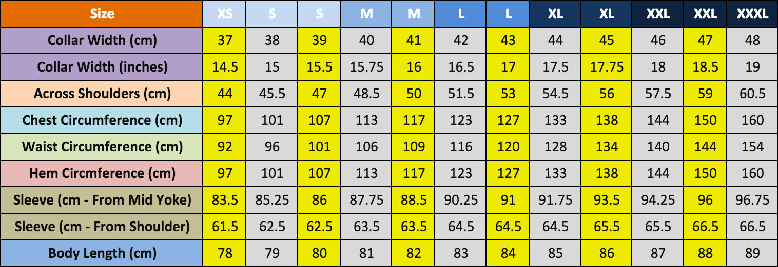 Sizing Chart for Business to Business® Shirts - Semi-Fitted Cut