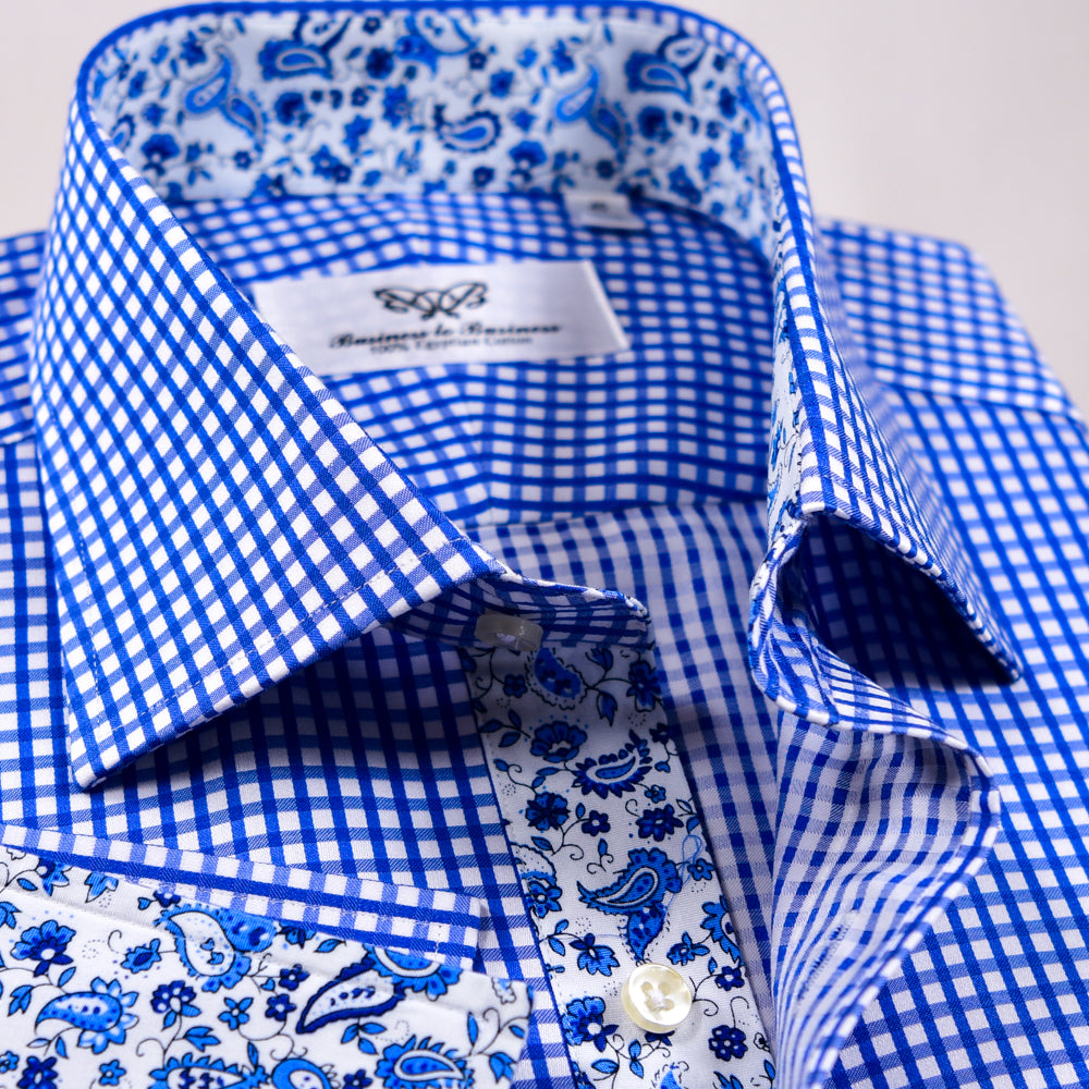 Classic Blue Gingham Check With Blue Paisley Inner Lining Dress Shirt