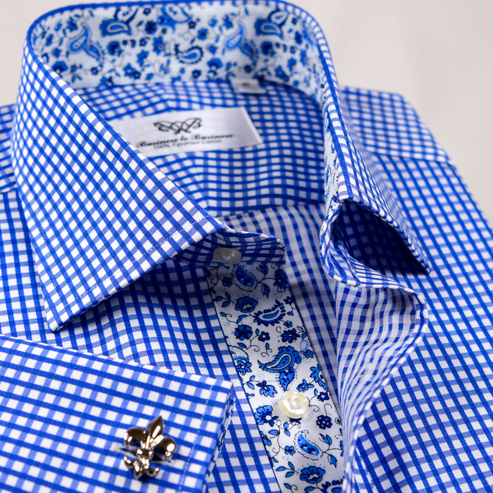 Classic Blue Gingham Check With Blue Paisley Inner Lining Dress Shirt