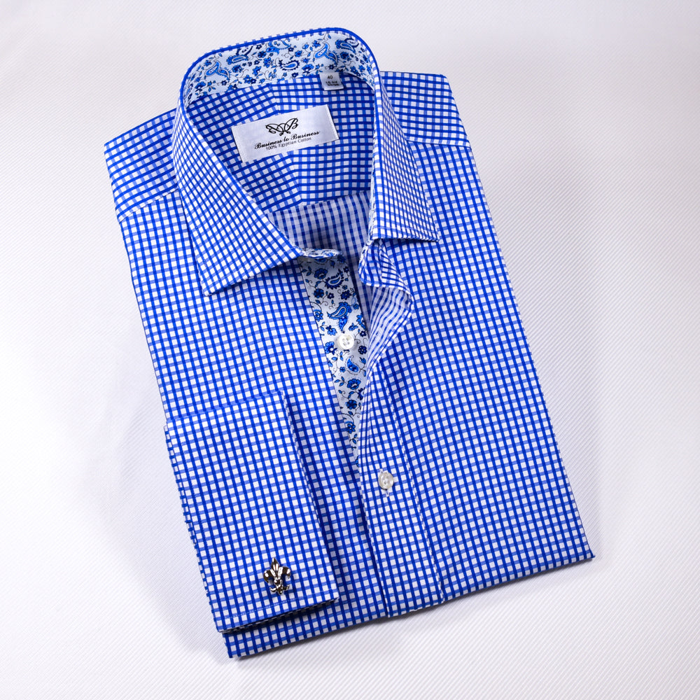 Classic Blue Gingham Check With Blue Paisley Inner Lining Dress Shirt