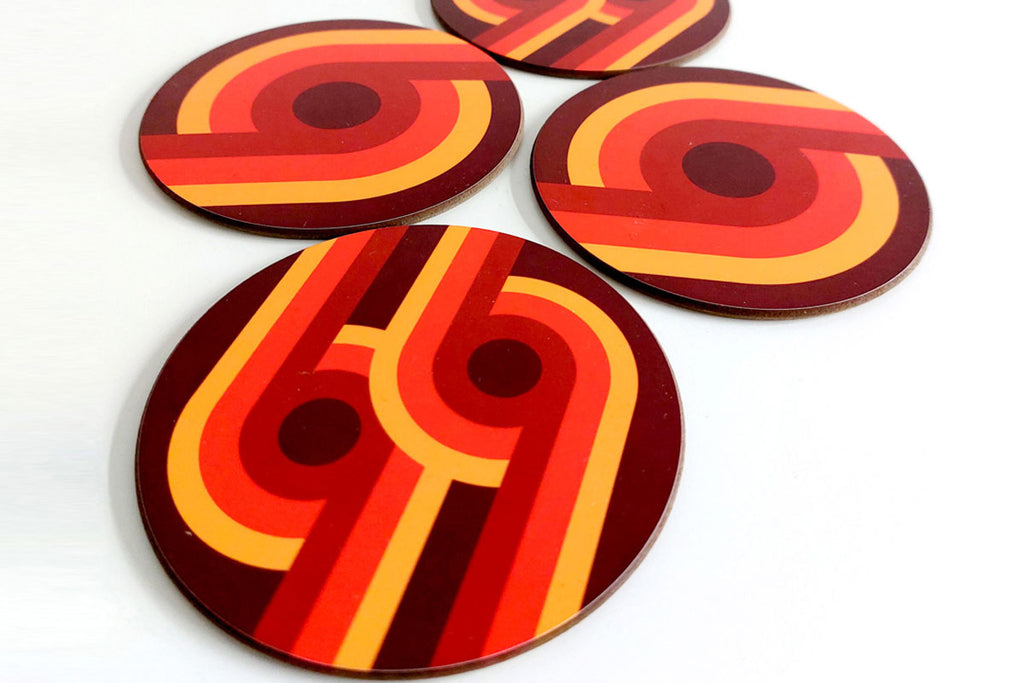 70s Supergraphic Coasters by Inkabilly on a white background