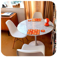 Customer photo - Orange Op Art Placemats and Coasters on retro table in mid century style dining room | The Inkabilly Emporium