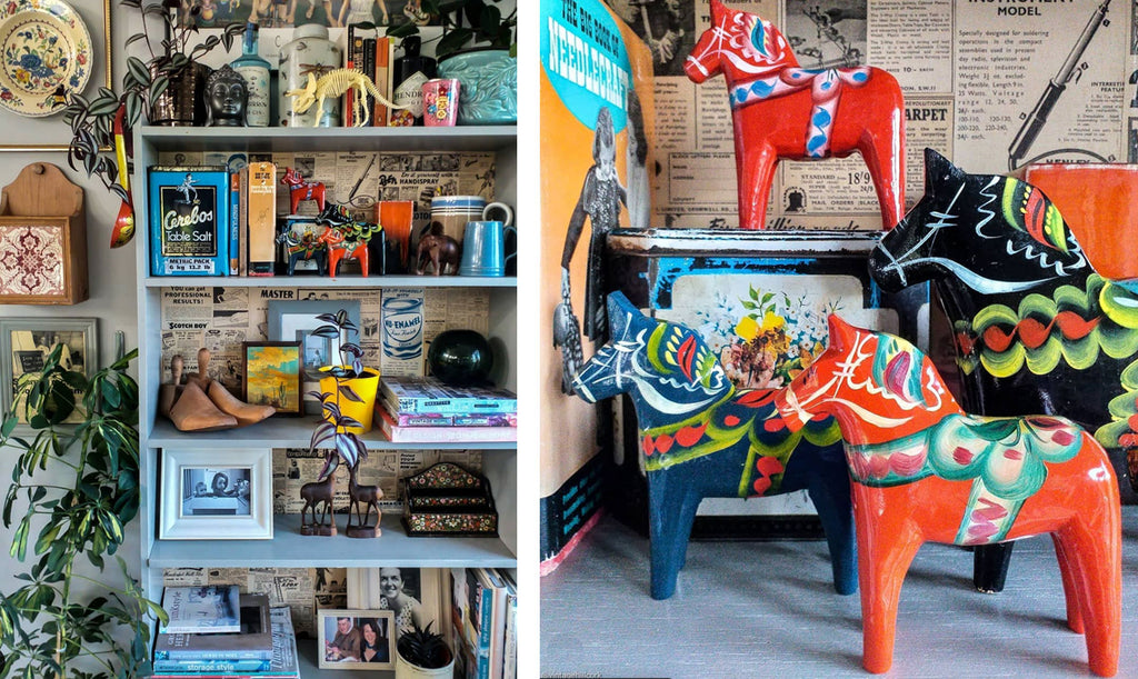 Inkabilly Blog House Tour: Aisling’s Eclectic Shack - busy shelfie and close-up details of scandi horses