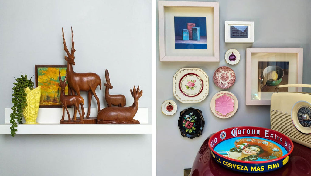 Inkabilly Blog House Tour: Aisling’s Eclectic Shack - details of mid century teak deer, vintage radio, tray and pictures 