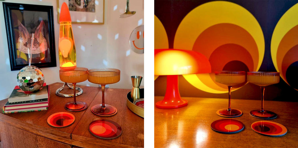 Two photos: the first showing 70s style round coasters on a home bar with glitter ball and retro cocktails, the second shows 70s style coasters on a sideboard with vintage lamp and 70s style wallpaper | The Inkabilly Emporium