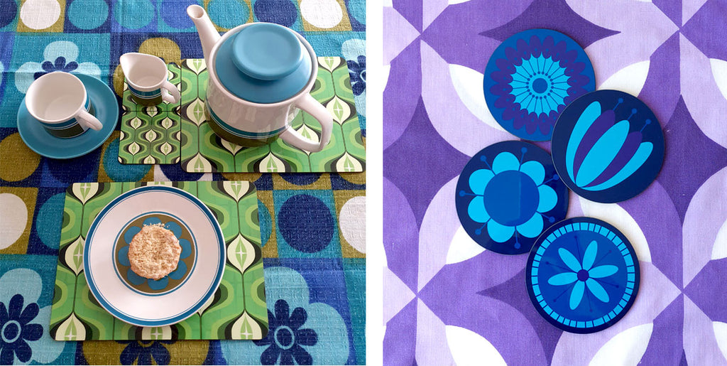 Two photos: The first shows 70s style placemats & coasters on a vintage tablecloth with vintage crockery; the second image show four retro flower coasters on a vintage tablecloth | The Inkabilly Emporium