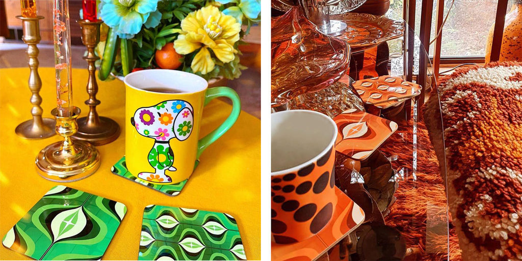 Two photos: the first image shows Inkabilly Op Art Coasters in Green on a yellow table with a Sooty mug and candlesticks, the second image shows the same coaster in orange on a glass table in a 70s style lounge | The Inkabilly Emporium