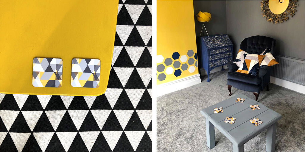 Two photos showing Inkabilly's Scandi Geometric coasters. The first image is a top shot of two coasters on a yellow table on a geometric rug. The second photo shows the coasters in a wide shot on a coffee table in a living room with a geometric mural on the chimney breast | The Inkabilly Emporium