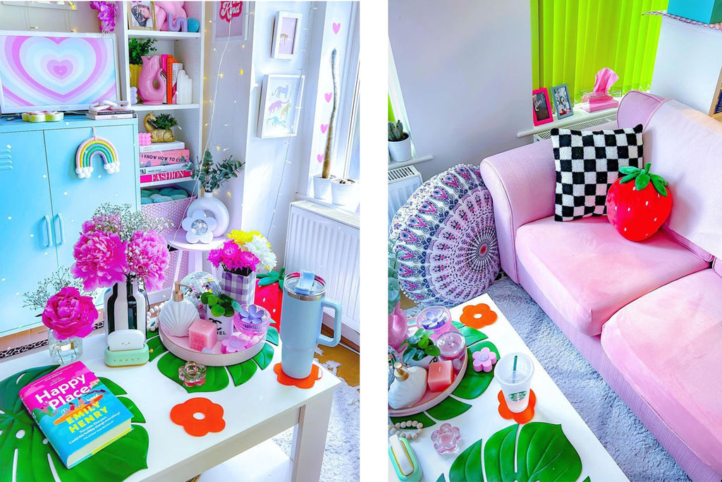 Two photos of brightly coloured interiors depicting the Dopamine Decor Style.
