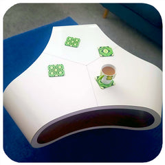 70s Green Op Art Coasters on funky vintage coffee table - inkabilly customer photo