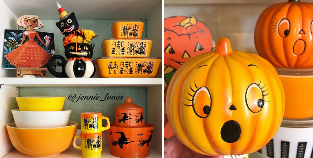 Jennie's Vintage Pyrex and ceramic pumpkins Halloween Display