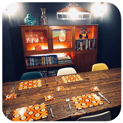Customer photo - 70s style Op Art Placemats in mid century style dining room | The Inkabilly Emporium