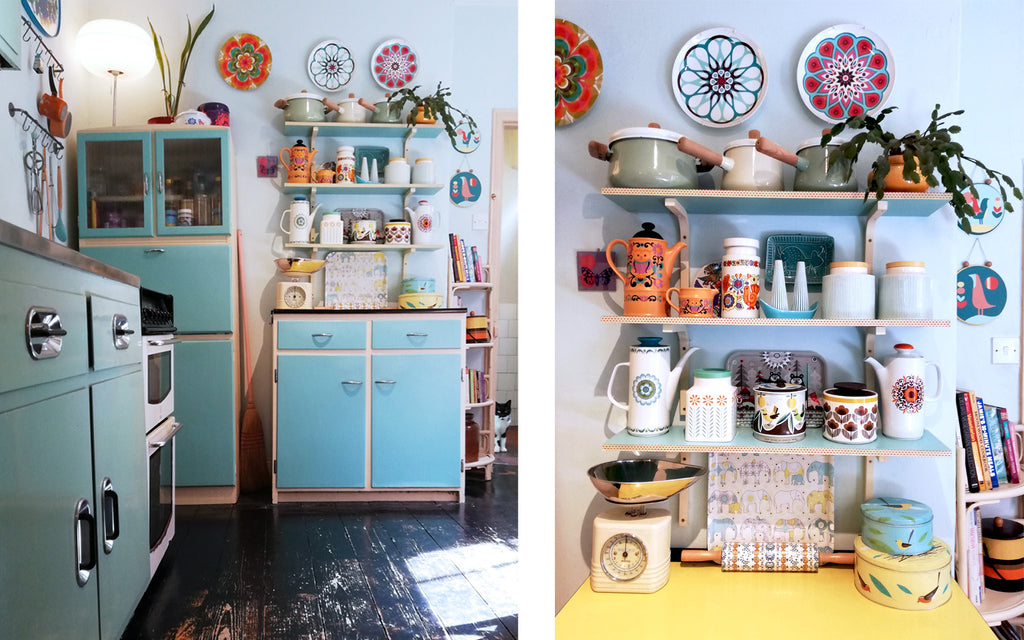 Polly's House 50s kitchen cupboards with mid century crockery