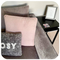 Customer Photo of Pink Scandi Coaster on black side table next to grey sofa, with pink and grey cushions.