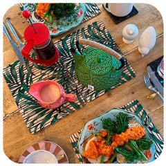 Customer photo - Tropical Palm Print Placemats on table with food | The Inkabilly Emporium
