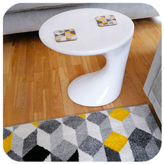 Customer photo - Scandi Geometric coasters on retro table next to matching rug | The Inkabilly Emporium