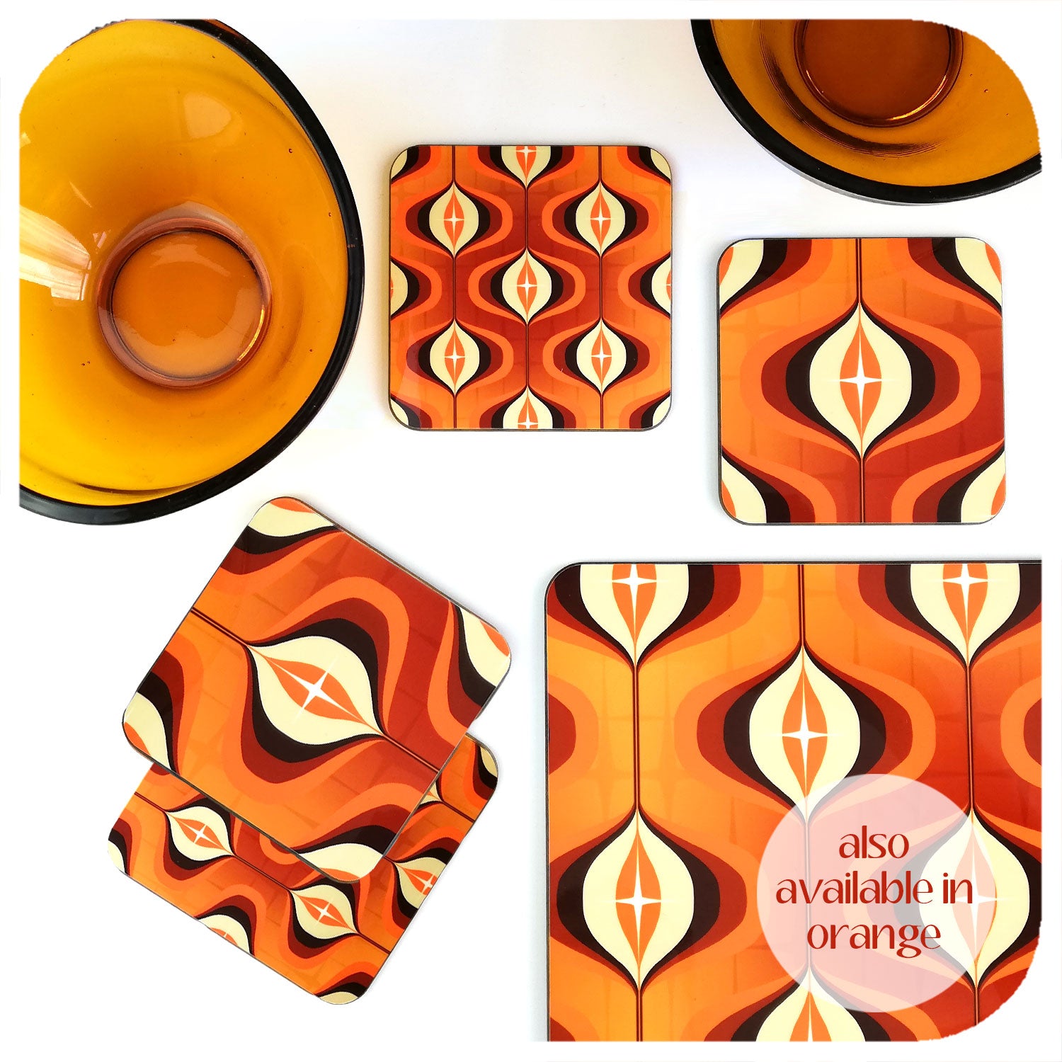 Mid Century Op Art Placemats 4 Retro Table Mats Orange Place Mats