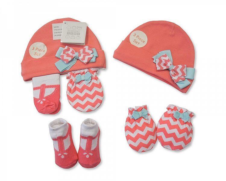 Baby Hat, Socks and Mitten Set - Bow - Kidswholesale.co.uk