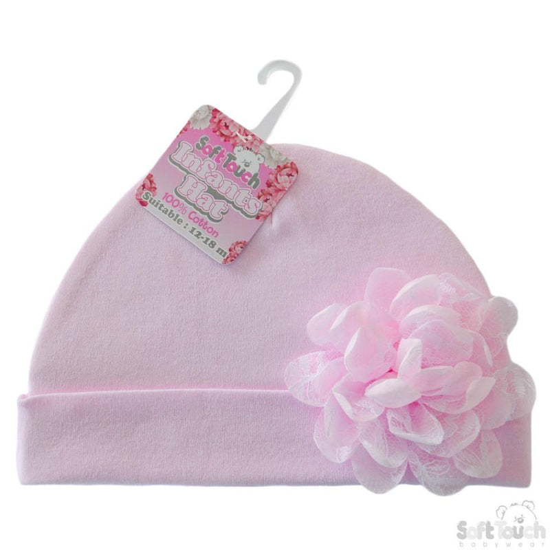 Plain Pink Hat W/Large Flower (0-18 Months)  H11-P - Kidswholesale.co.uk