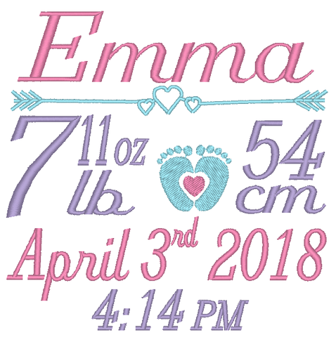 Girl birth stats embroidery template