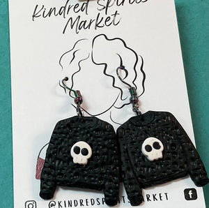 Kindred Spirits Market Earrings Style 1080 - Halloween black sweater with skull - Jilly's Socks 'n Such