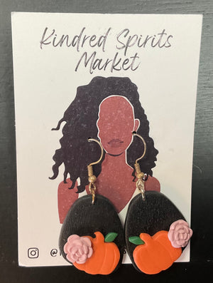 Kindred Spirits Market Earrings Style 502 - pumpkin on black with 3D rose - Jilly's Socks 'n Such