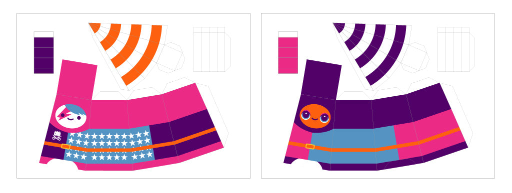 Picture of two paper templates to cut out and fold cute brightly coloured knights