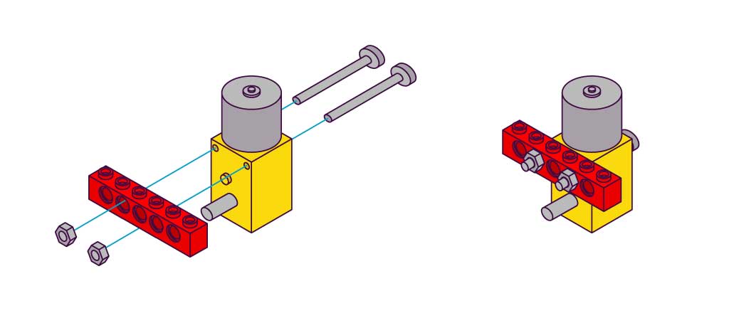 Illustration of a Smartibot Motor attaching to a LEGO Technic piece with nuts and bolts