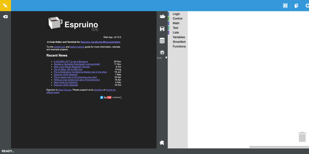 Image of a coding platform called Espruino, with several tabs that allow users to use block code.