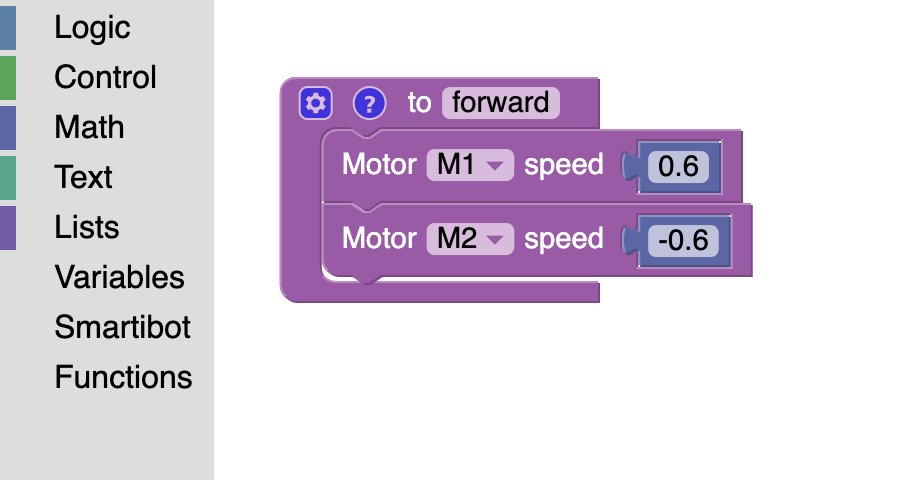 Image of block code on the Espruino platform, with a block code defining the forward direction by manipulating the speed of two motors.