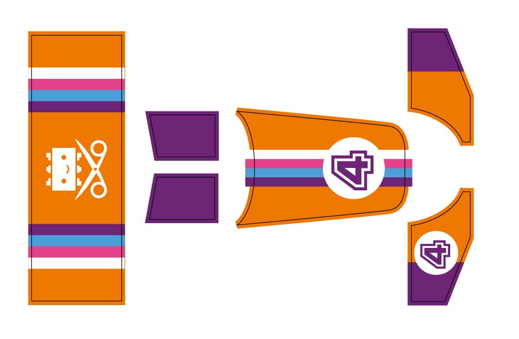 Drawing of orange and purple front and rear wing parts and nose livery with number 4