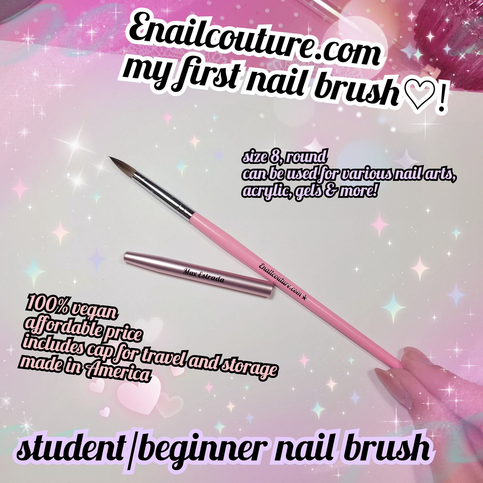 My First Nail Brush, Student, Beginner (Acrylic Nail Brush for Acrylic Powder, 8# Nail Brush for Acrylic Application, 100% Round Vegan Sable Nail Art Brush with Cap)