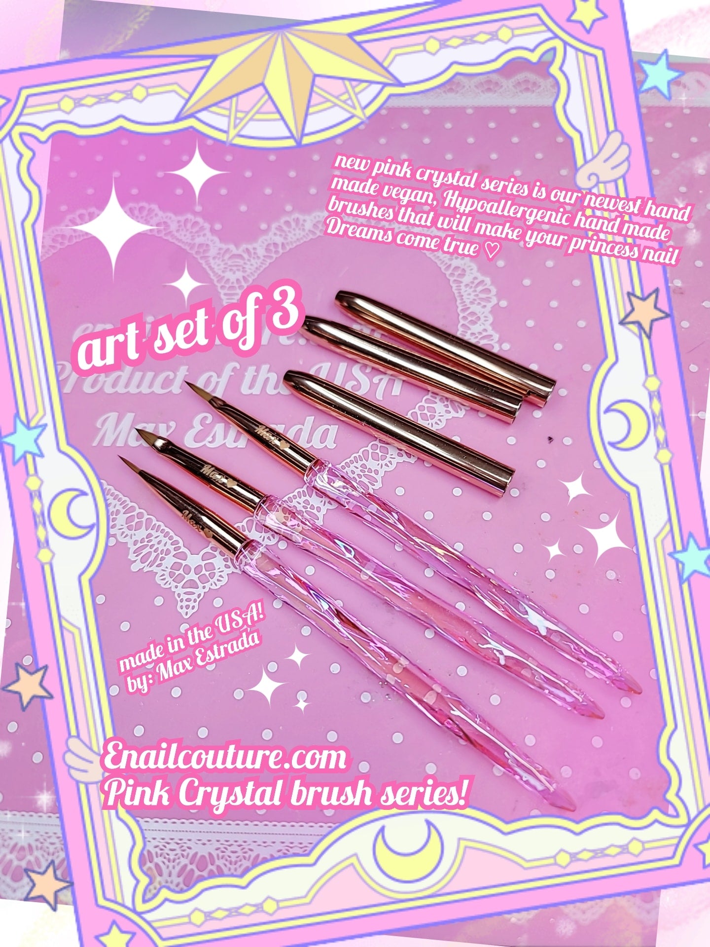 Pink Crystal Liner brush set (Nail Art Liner Brushes Set- 3pcs Nail Ar