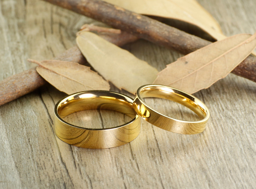 Handmade Gold Flat Plain Matching Wedding Bands, Couple