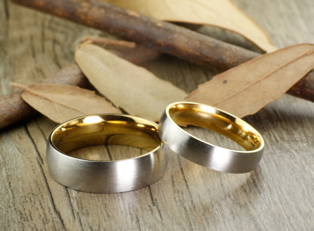 Handmade Gold Matte Wedding Bands, Couple Rings Set, Titanium Rings Se