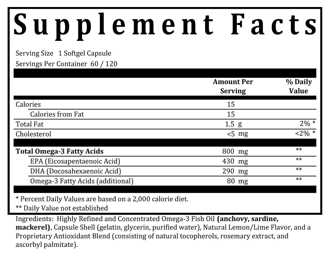 Omega 3 fish oil softgels supplement facts box