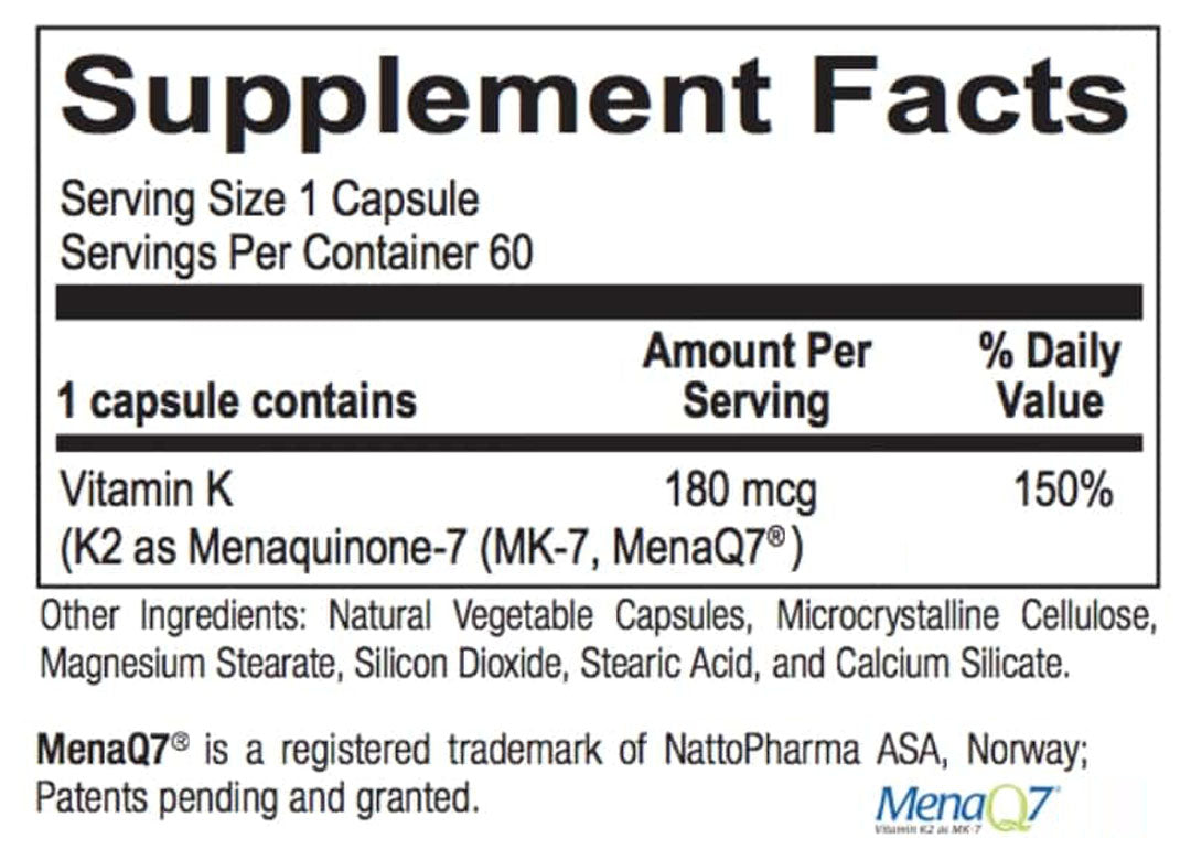 Vitamin K2 supplement facts box