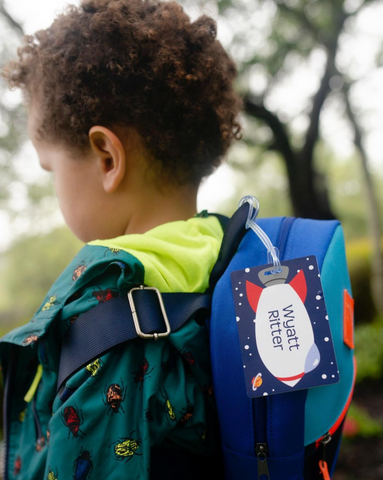 personalized bag tag on child's backpack