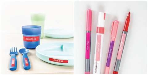 personalized name labels on dinnerware and markers