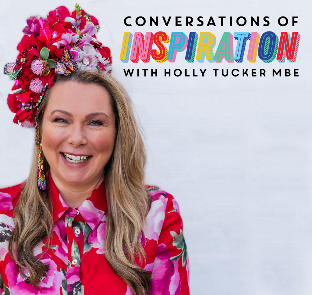 holly tucker with a colourful headdress on promoting her conversations of inspiration podcast
