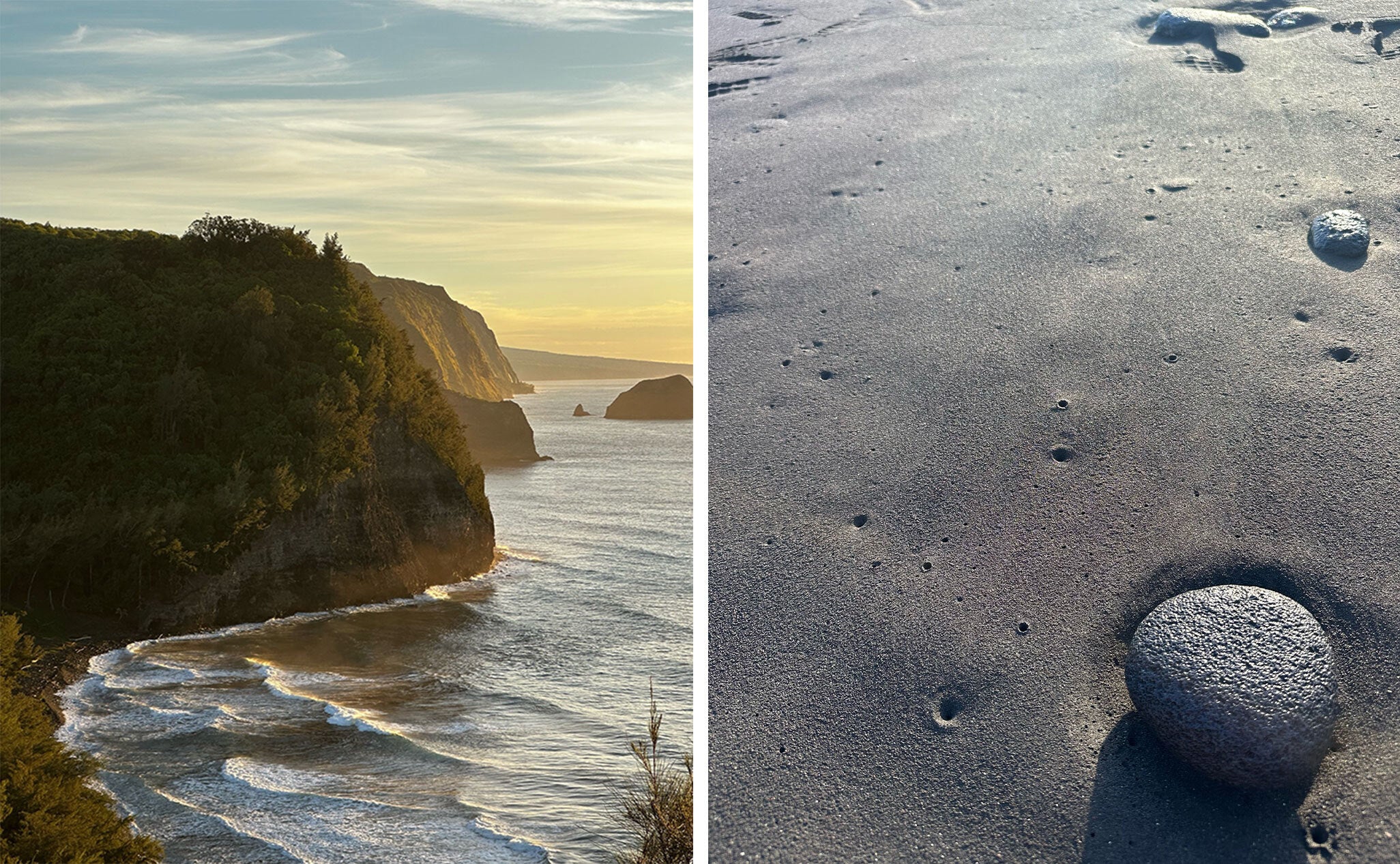 A photo of a cliffside and an image of a sandy beach side by side