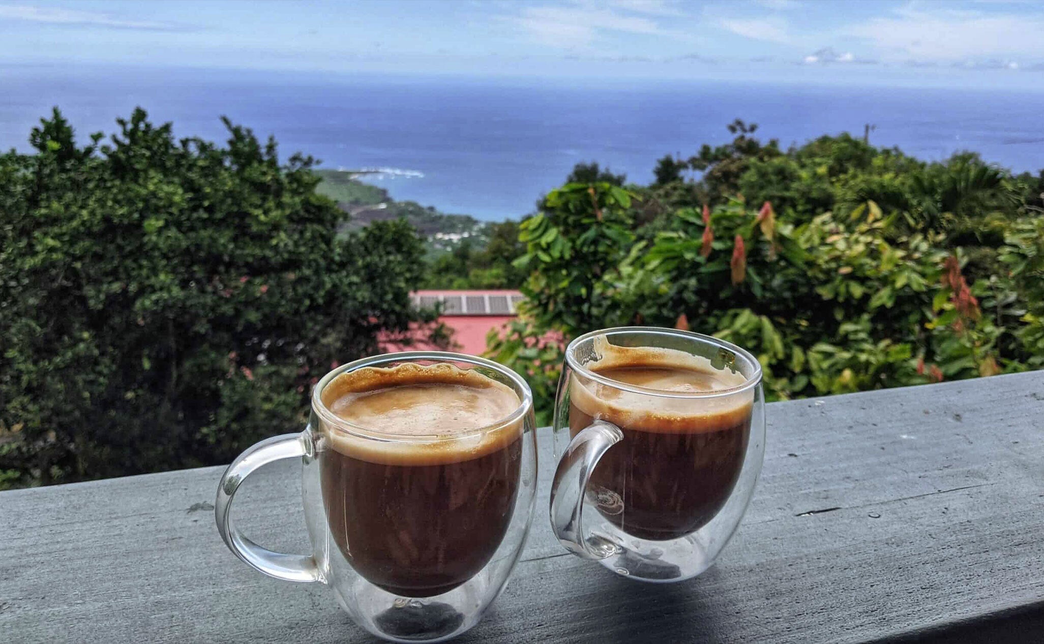 Two cups of espresso on a balcony ledge with a view of the sea