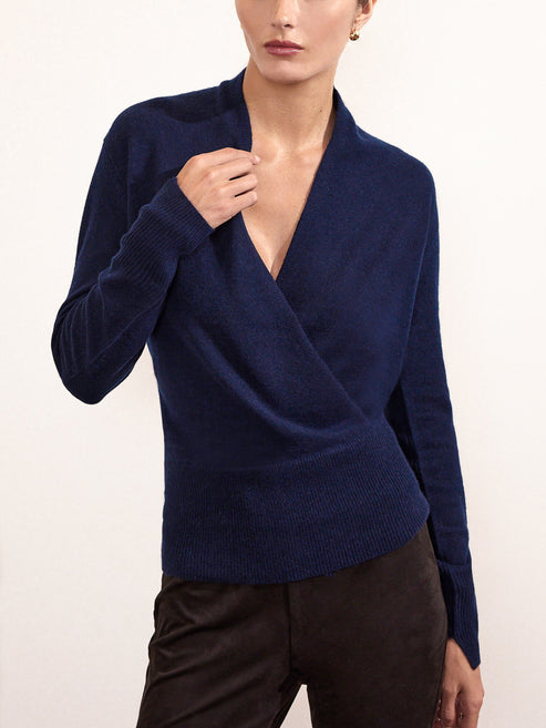 Sweater Sweater Women V-Neck Base Loose Pullover Seamless All-Matching Low  Collar Lightweight Sweater (Dark Blue S)