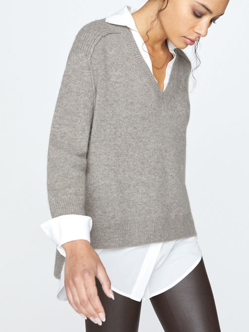 Women's V-neck Layered Pullover Sweater in Dark Charcoal