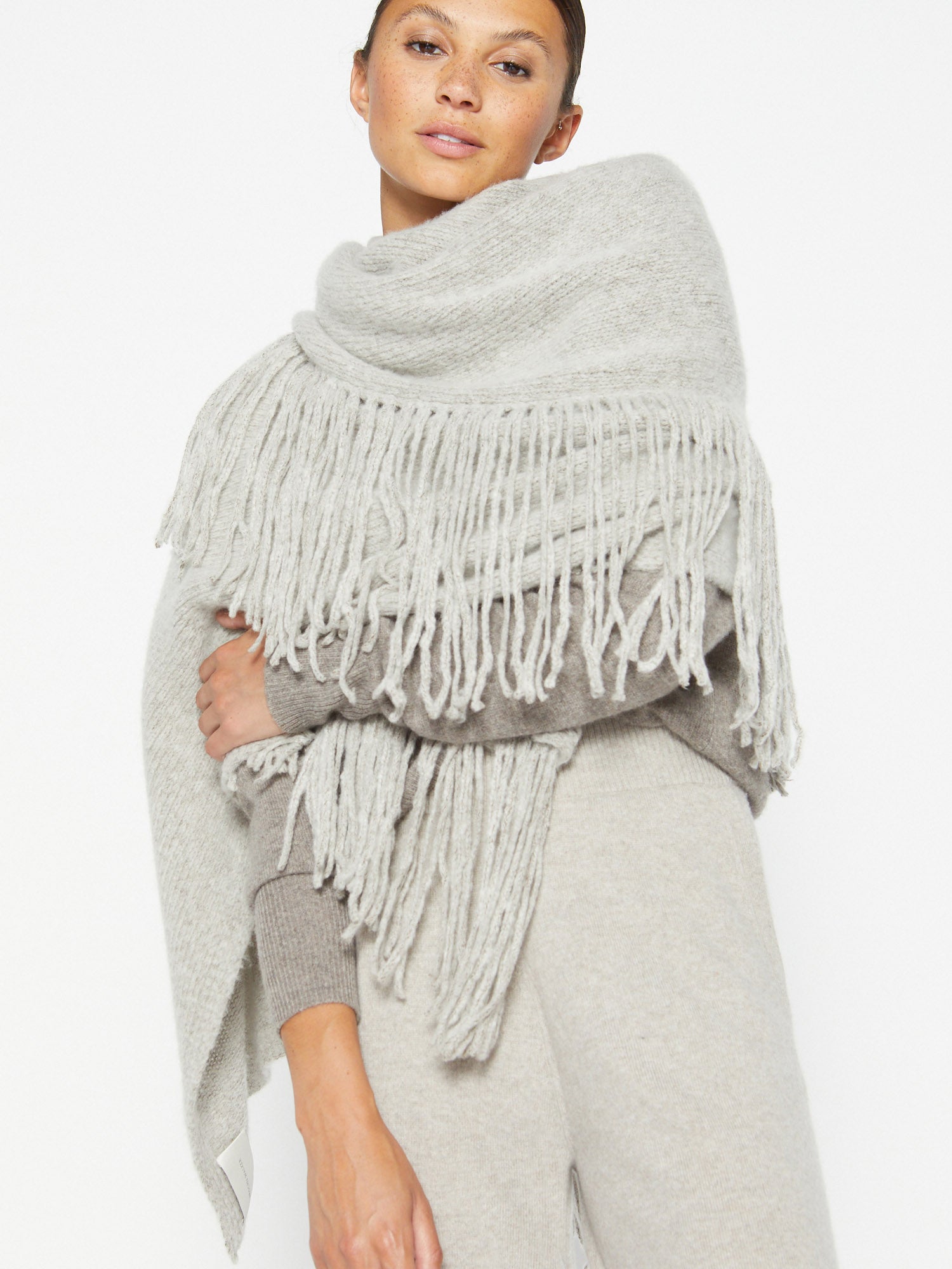 Women's Cashmere Fringe Sweater Wrap, Bisque Mélange