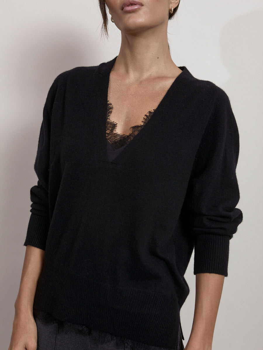 Women's Lace V-neck Layered Sweater in Black