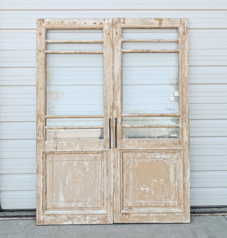 Pair of 5 Lite Washed Wood French Doors – Antiquities Warehouse