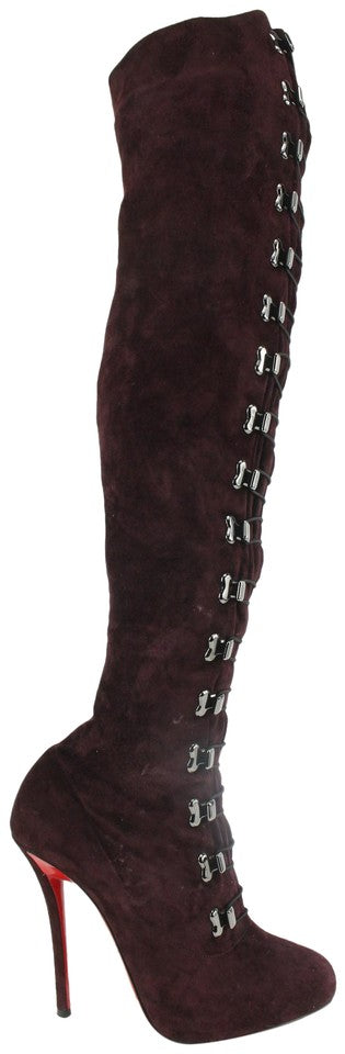 Christian Louboutin Women's 39 Maroon Suede Over The Knee Boots – Bagriculture