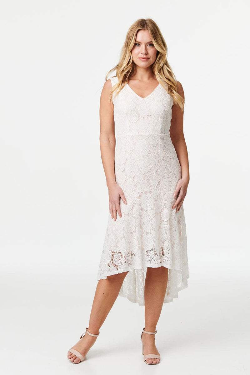 White | Lace High Low Midi Dress