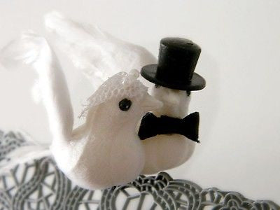 Dove Couple with Veil Top Hat Tux Cake Topper 3" Feathered Wings Tree Branch Bird